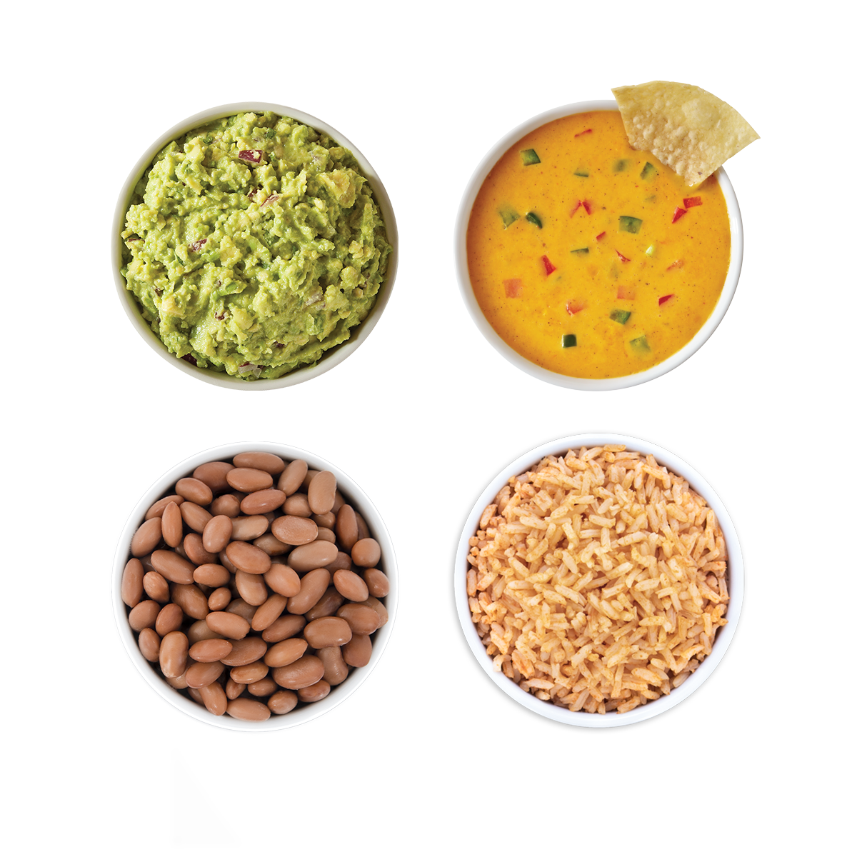 Guacamole, Queso, Pinto Beans, and Baja Rice