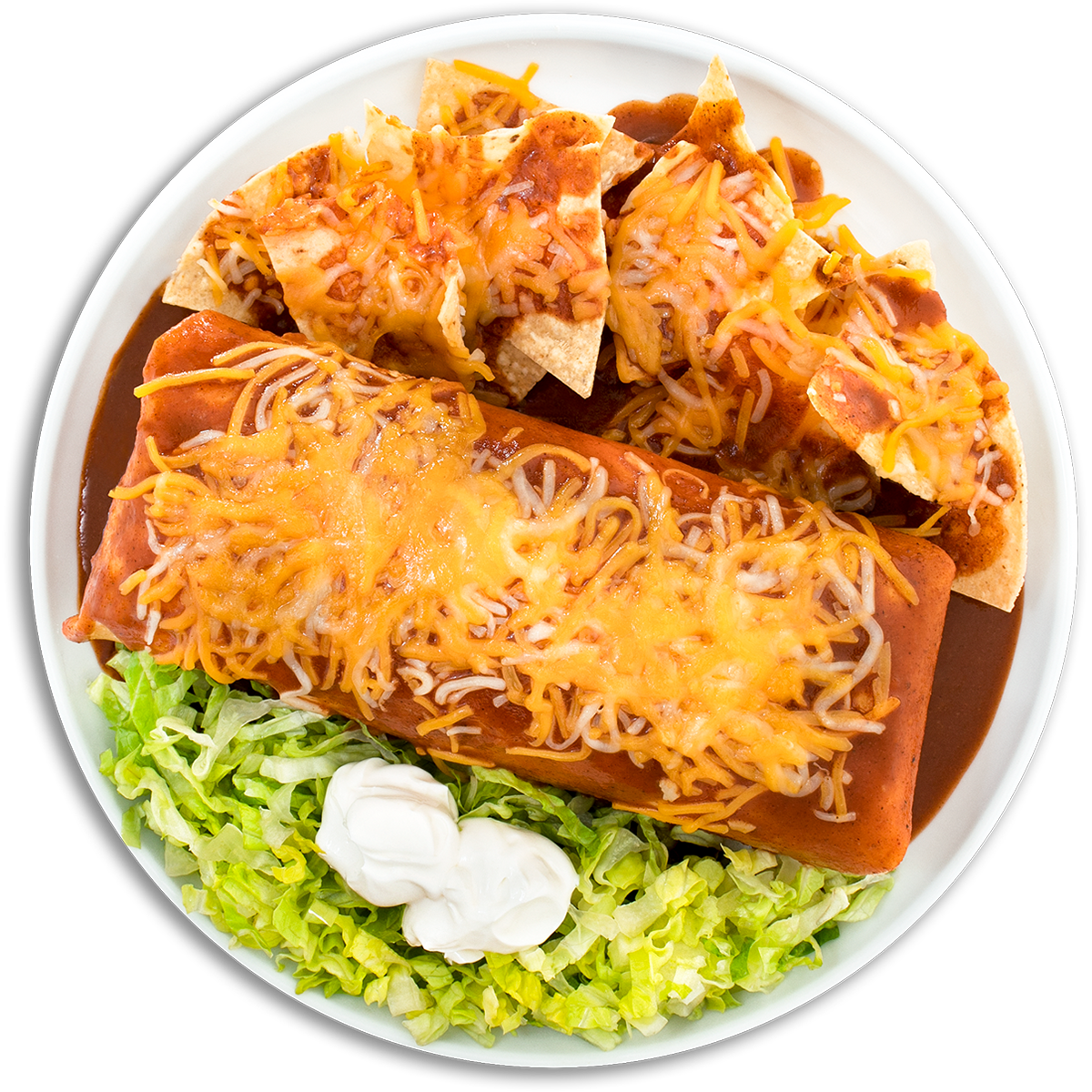 Smother any burrito and chips with red chile sauce & melted Jack cheese with sour cream.