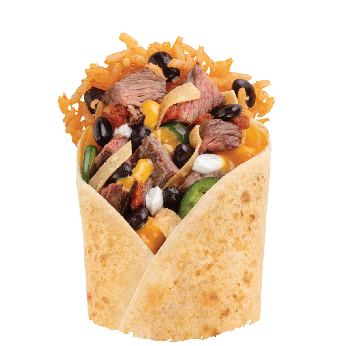 Black, pinto or mixed beans, rice, queso, jalapeños, tortilla strips, medium salsa and sour cream wrapped in a warm flour tortilla with your favorite protein.